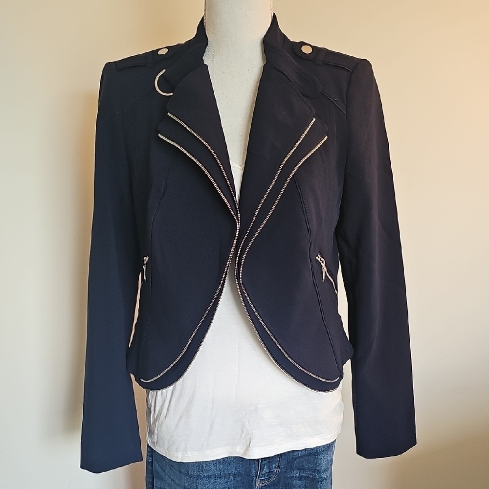 White House Black Market Navy Blazer with Zipper Accents